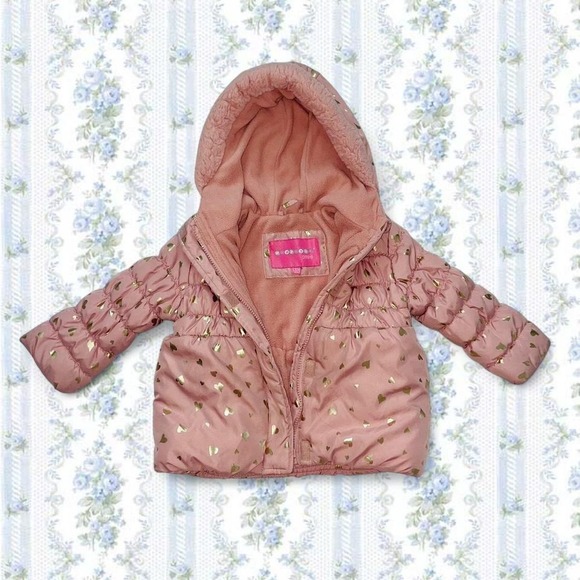 Wippette Kids Other - Wippette Kids Pink Puffer Coat Shiny Gold Hearts Faux Fur Lined Hood Toddlers